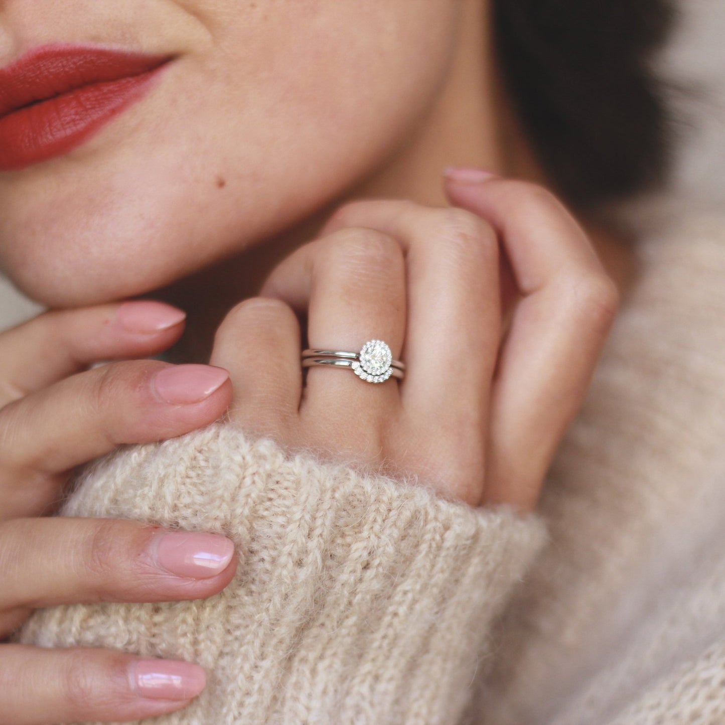 Andrew Geoghegan-designed British engagement ring and British wedding ring, featuring a 0.33ct diamond in the platinum Cannele Collection.