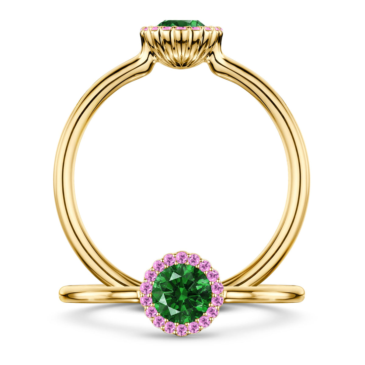 Nymphe Tsavorite Ring with Pink Sapphire halo in 18ct Yellow Gold, front and side views