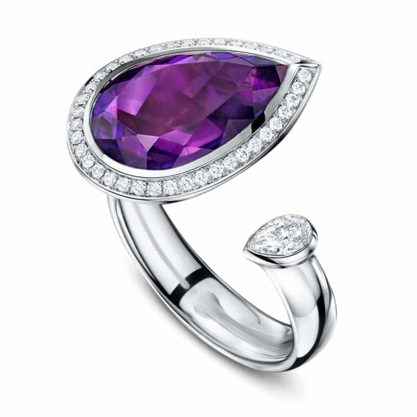 Andrew Geoghegan Satellite Pear cocktail ring with amethyst gemstone in yellow gold setting, featuring a bold and elegant design