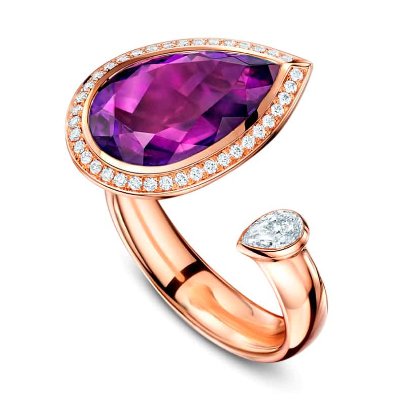 Andrew Geoghegan Satellite Pear cocktail ring with amethyst gemstone in yellow gold setting, featuring a bold and elegant design