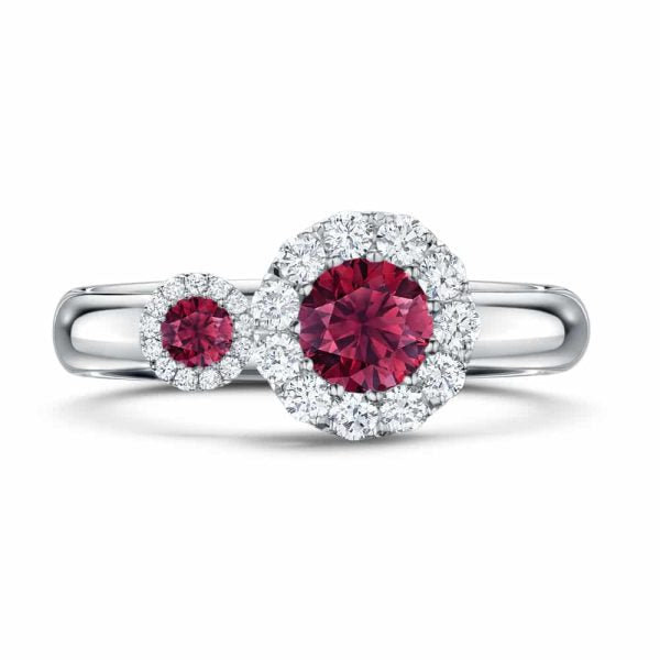 Andrew Geoghegan Satellite Ruby Engagement Ring with ruby and diamonds in platinum. Buy online