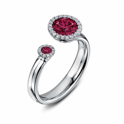 Andrew Geoghegan Satellite Ruby Engagement Ring with 1ct ruby and diamonds in platinum. Buy online