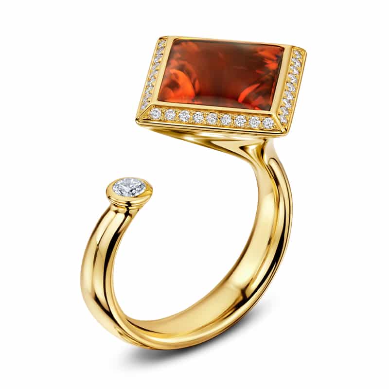 Andrew Geoghegan Satellite Square Madeira ring in yellow gold with a Madeira citrine centerpiece