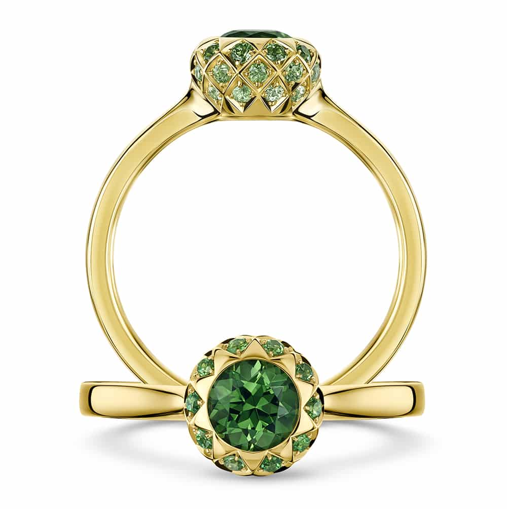 Asteria engagement ring with a natural tsavorite centre in yellow gold