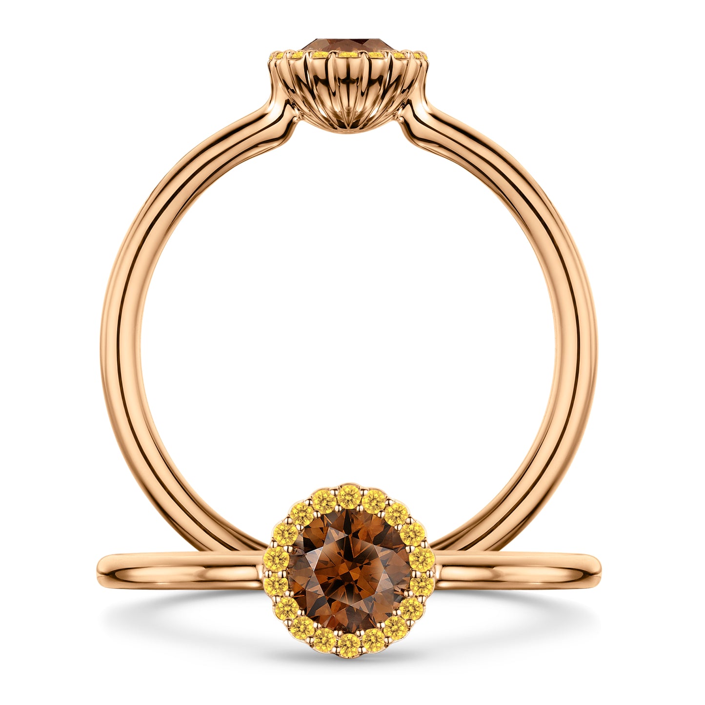 Chocolat Diamond Ring with Intense Yellow Diamond halo in 18ct Rose Gold, front and side views