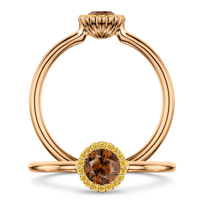 Chocolat Diamond Ring with Intense Yellow Diamond halo in 18ct Rose Gold, front and side views