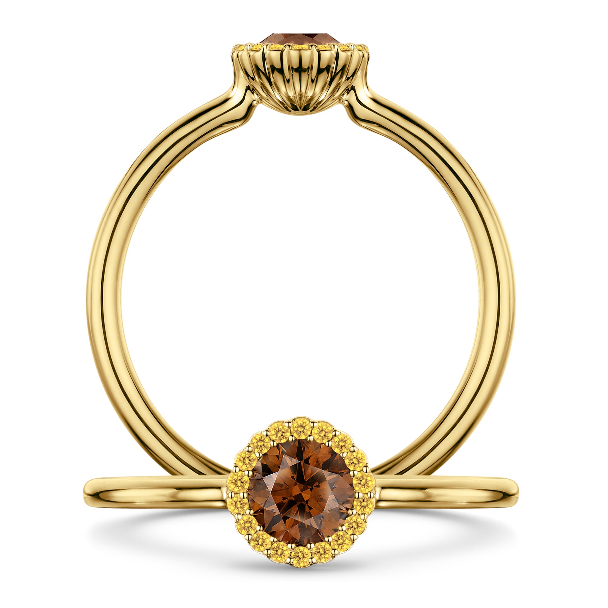Chocolat Diamond Ring with Intense Yellow Diamond halo in 18ct Yellow Gold, front and side views