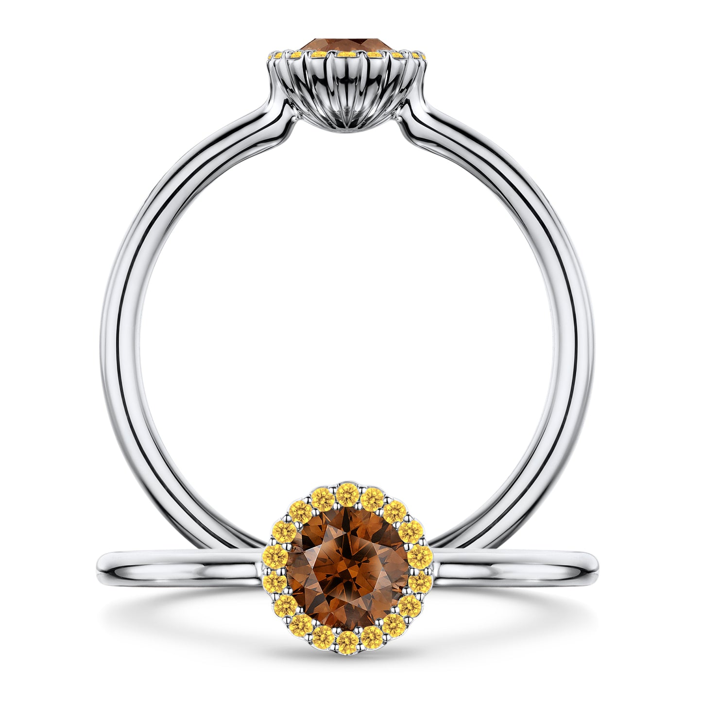 Chocolat Diamond Ring with Intense Yellow Diamond halo in Platinum, front and side views