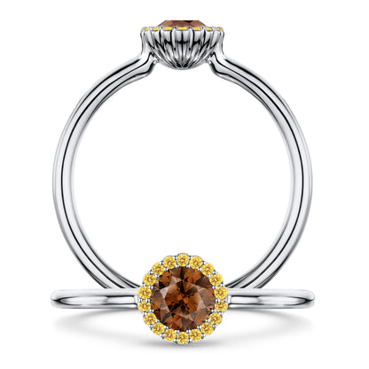 Chocolat Diamond Ring with Intense Yellow Diamond halo in Platinum, front and side views