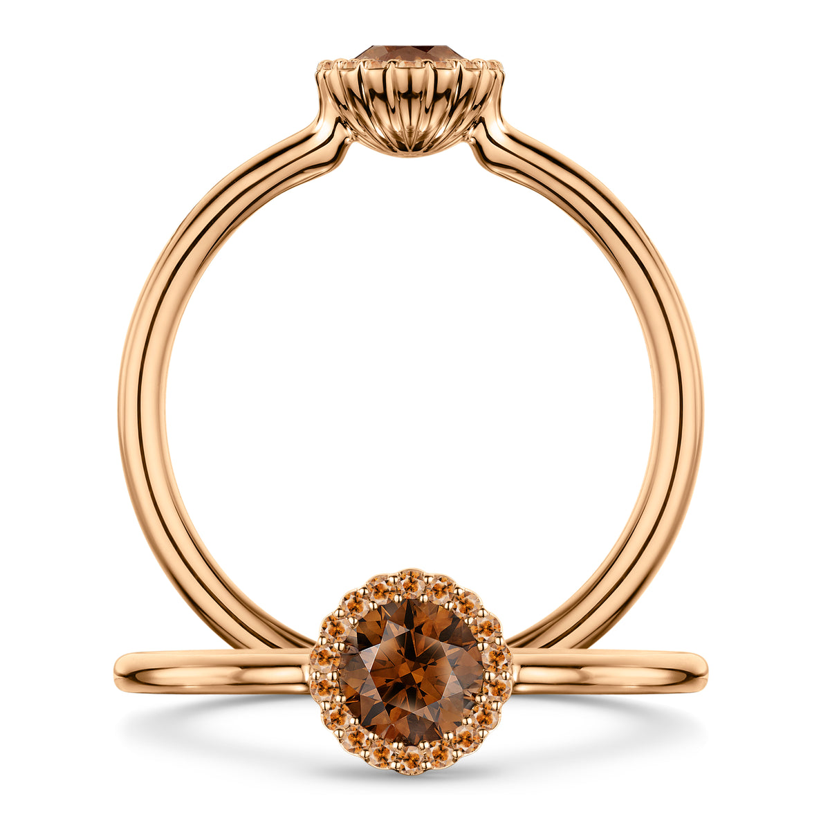Chocolat Diamond Ring with pale cognac Diamond halo in 18ct Rose Gold, front and side views