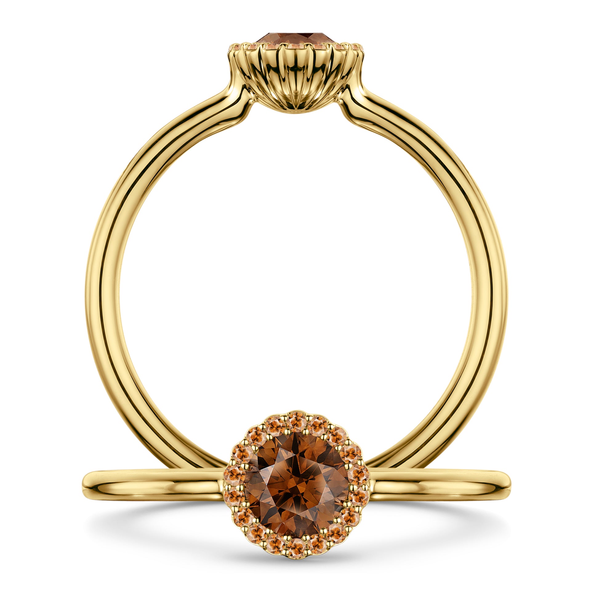 Chocolat Diamond Ring with pale cognac Diamond halo in 18ct Yellow Gold, front and side views