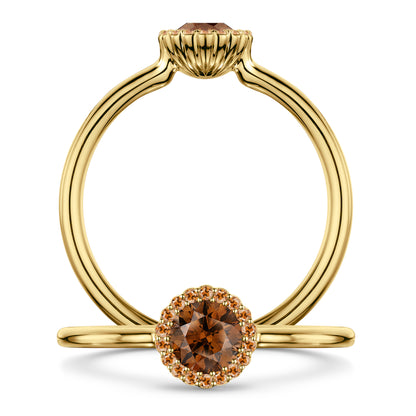 Chocolat Diamond Ring with pale cognac Diamond halo in 18ct Yellow Gold, front and side views