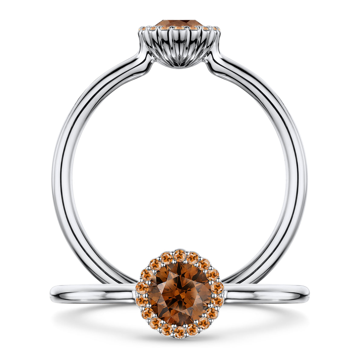 Chocolat Diamond Ring with pale cognac Diamond halo in Platinum, front and side views