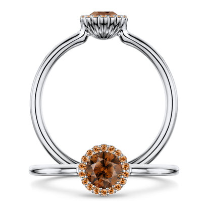 Chocolat Diamond Ring with pale cognac Diamond halo in Platinum, front and side views