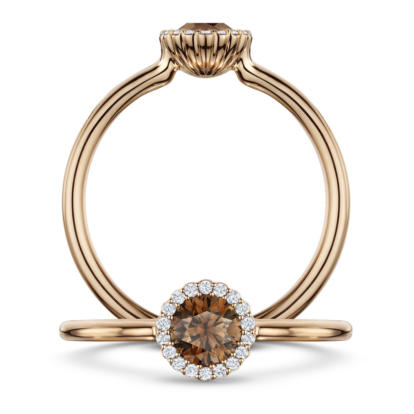 Chocolat Diamond Ring with G/VS Diamond halo in 18ct Rose Gold, front and side views