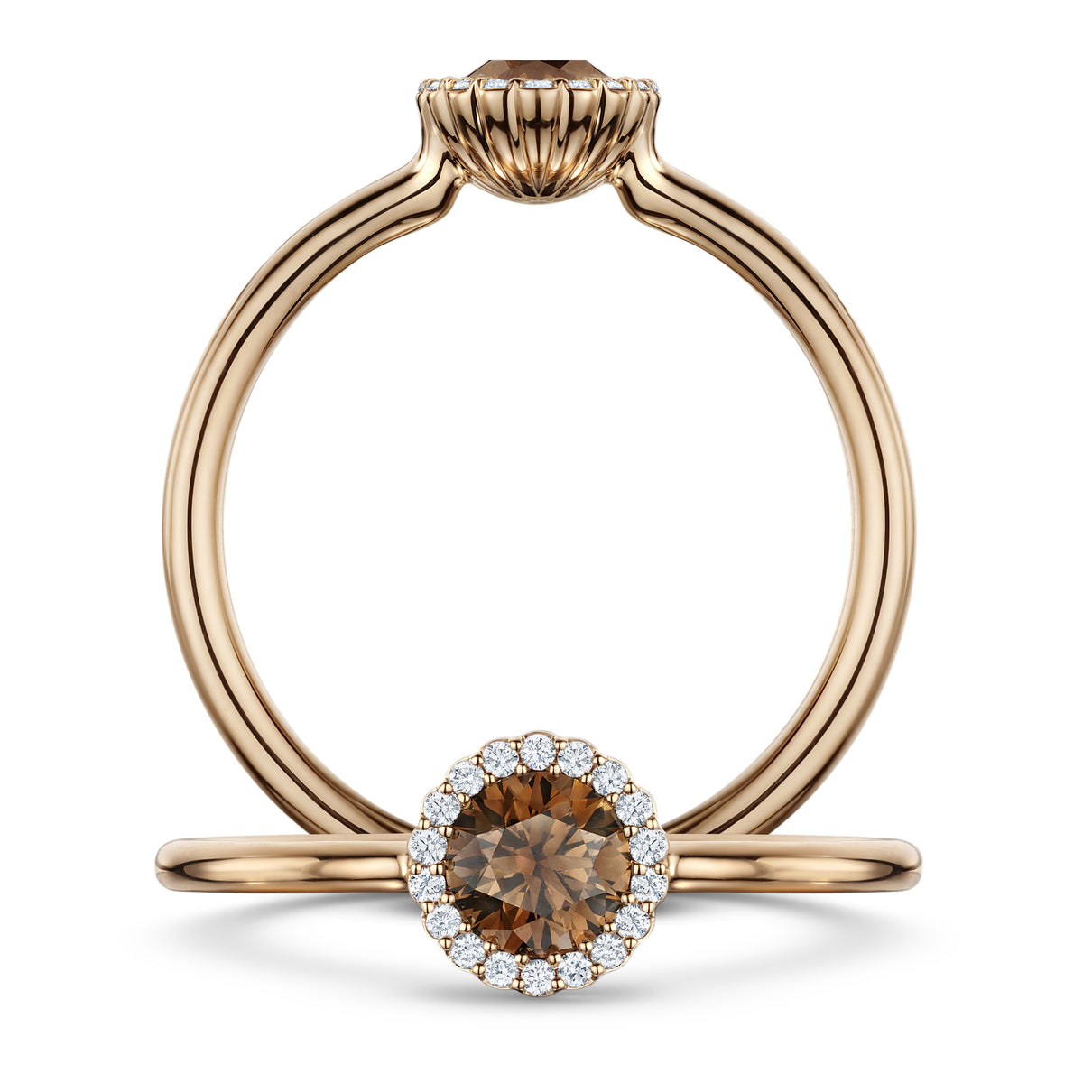 Chocolat Diamond Ring with G/VS Diamond halo in 18ct Rose Gold, front and side views