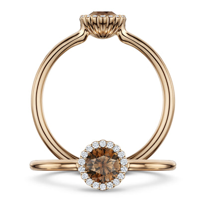 Chocolat Diamond Ring with G/VS Diamond halo in 18ct Rose Gold, front and side views