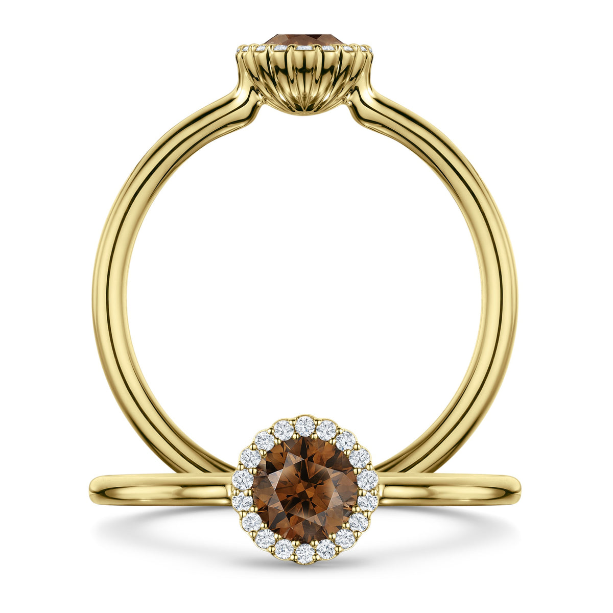 Chocolat Diamond Ring with G/VS Diamond halo in 18ct Yellow Gold, front and side views