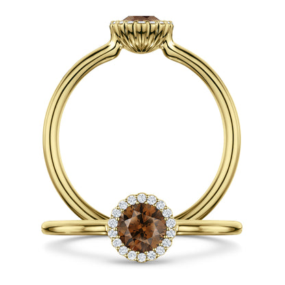 Chocolat Diamond Ring with G/VS Diamond halo in 18ct Yellow Gold, front and side views