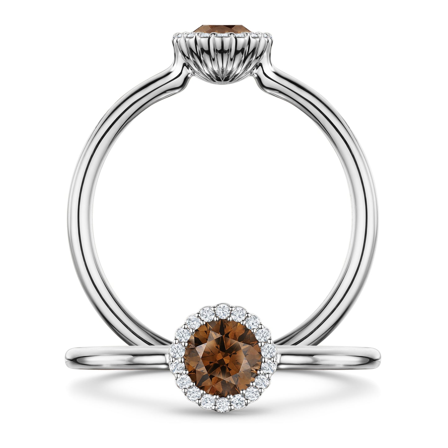 Chocolat Diamond Ring with G/VS Diamond halo in Platinum, front and side views