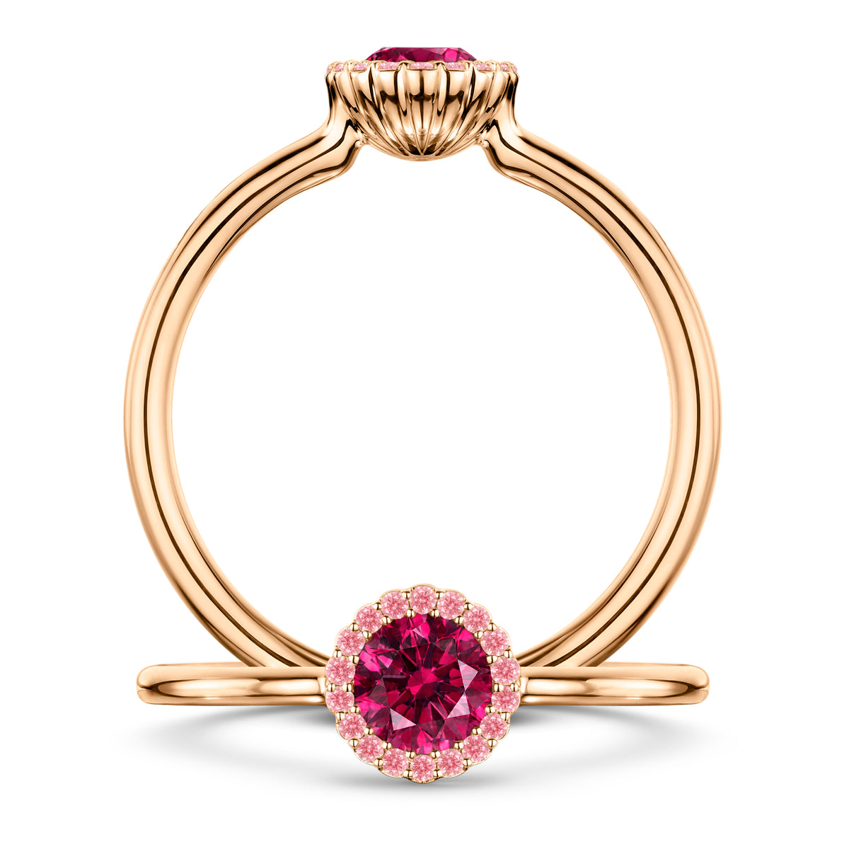 Grenadine Rubellite Ring with Pink Sapphire halo in 18ct Rose Gold, front and side views