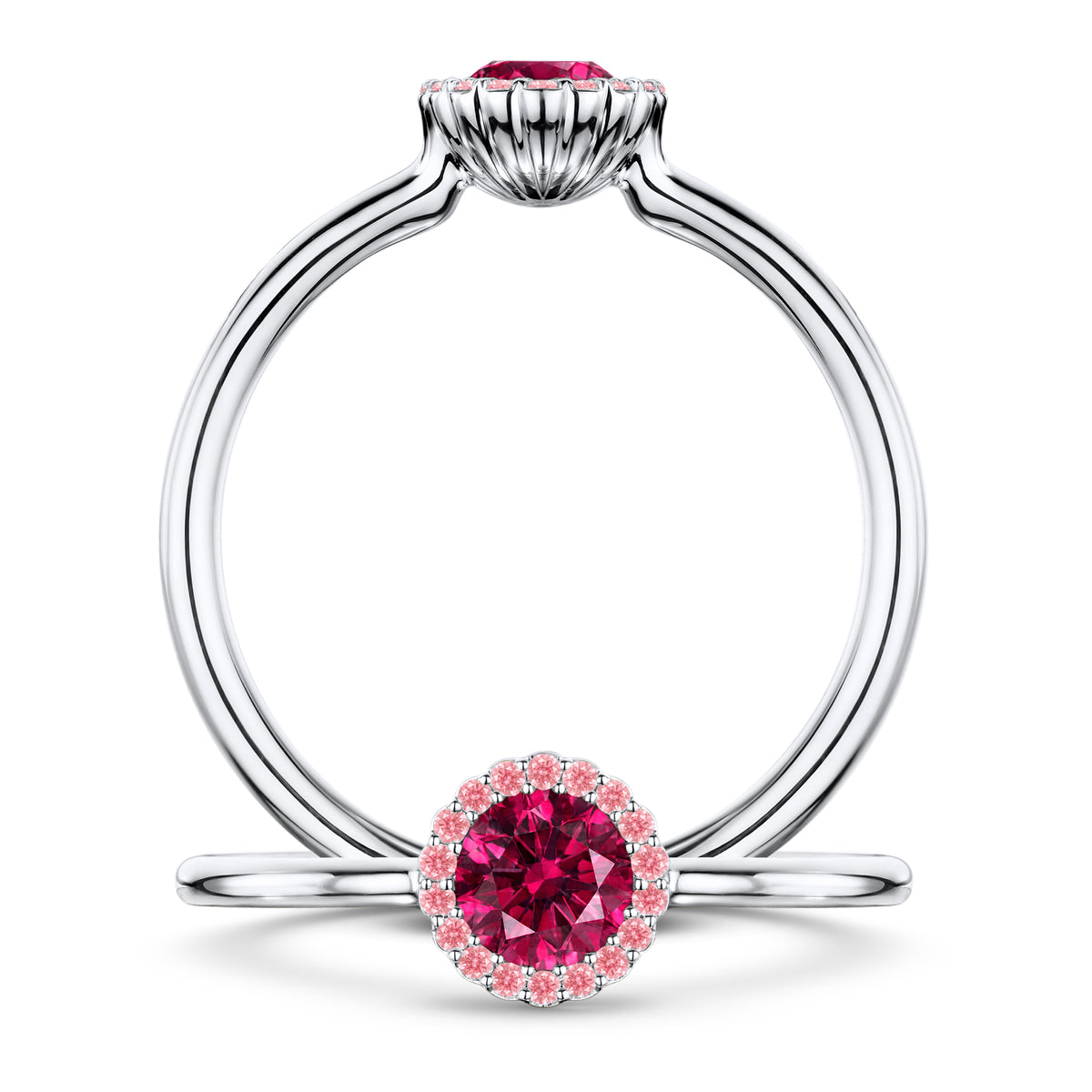 Grenadine Rubellite Ring with Pink Sapphire halo in Platinum, front and side views