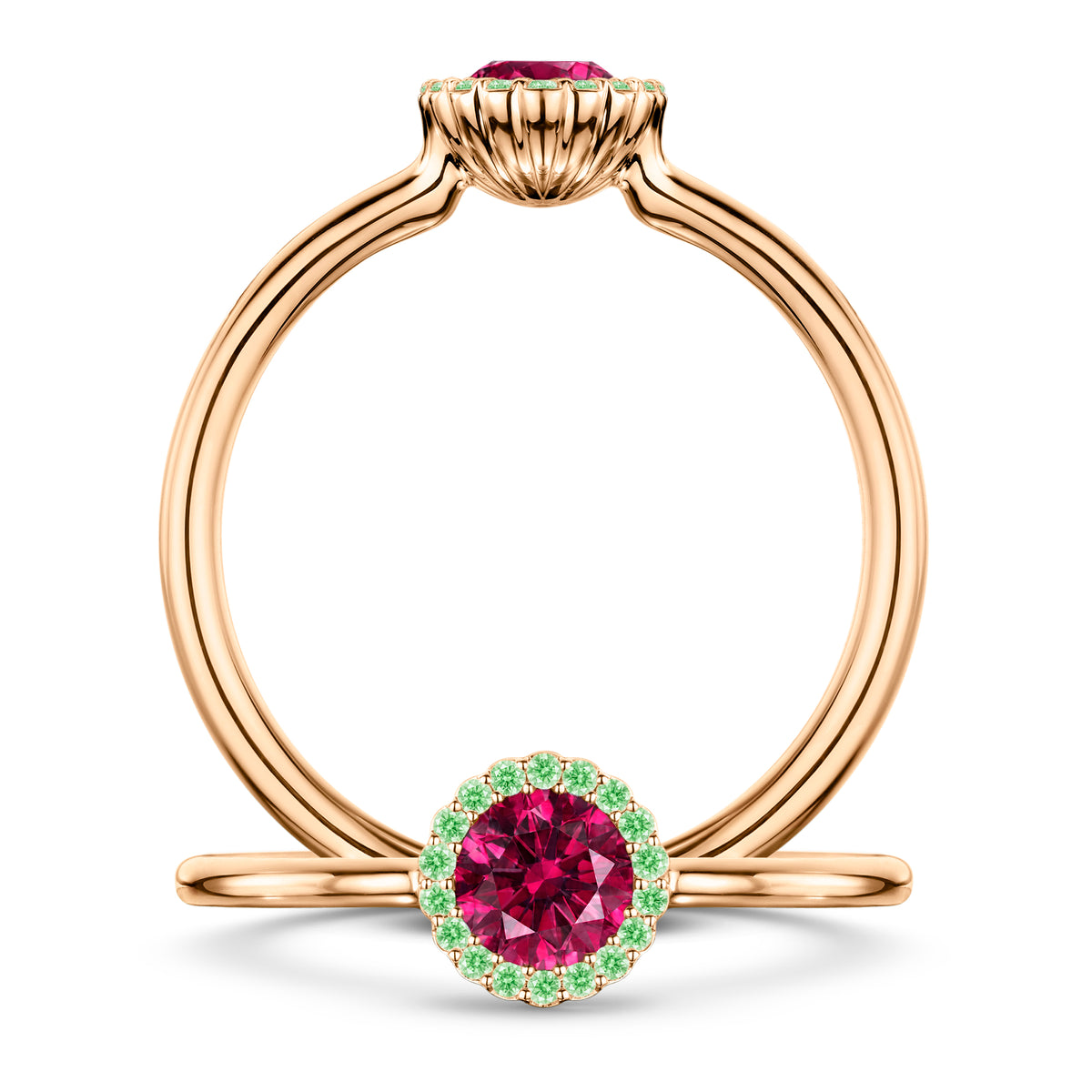 Grenadine Rubellite Ring with Tsavorite halo in 18ct Rose Gold, front and side views