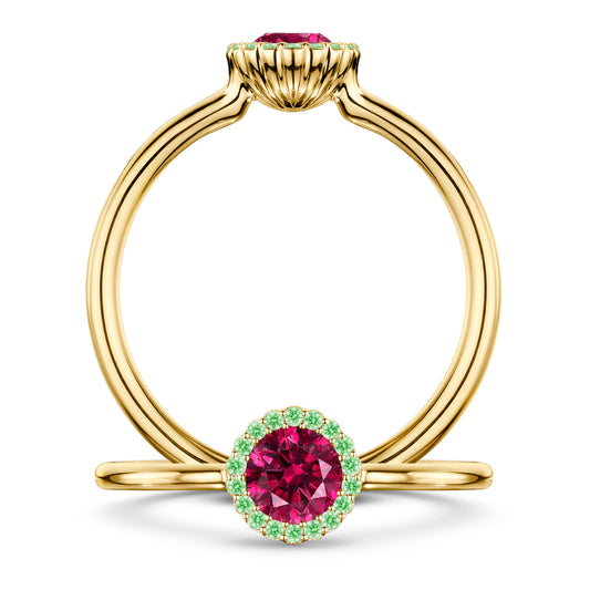 Grenadine Rubellite Ring with Tsavorite halo in 18ct Yellow Gold, front and side views