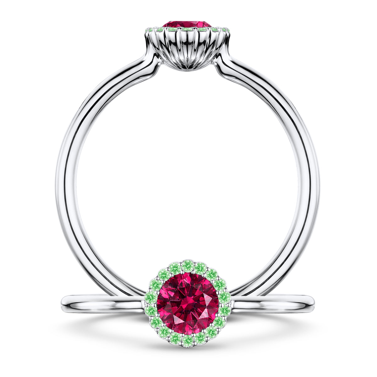 Grenadine Rubellite Ring with Tsavorite halo in Platinum, front and side views