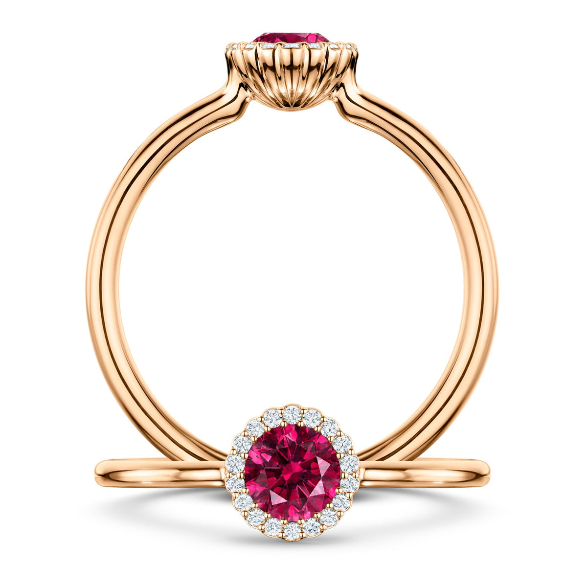 Grenadine Rubellite Ring with white Diamond halo in 18ct Rose Gold, front and side views