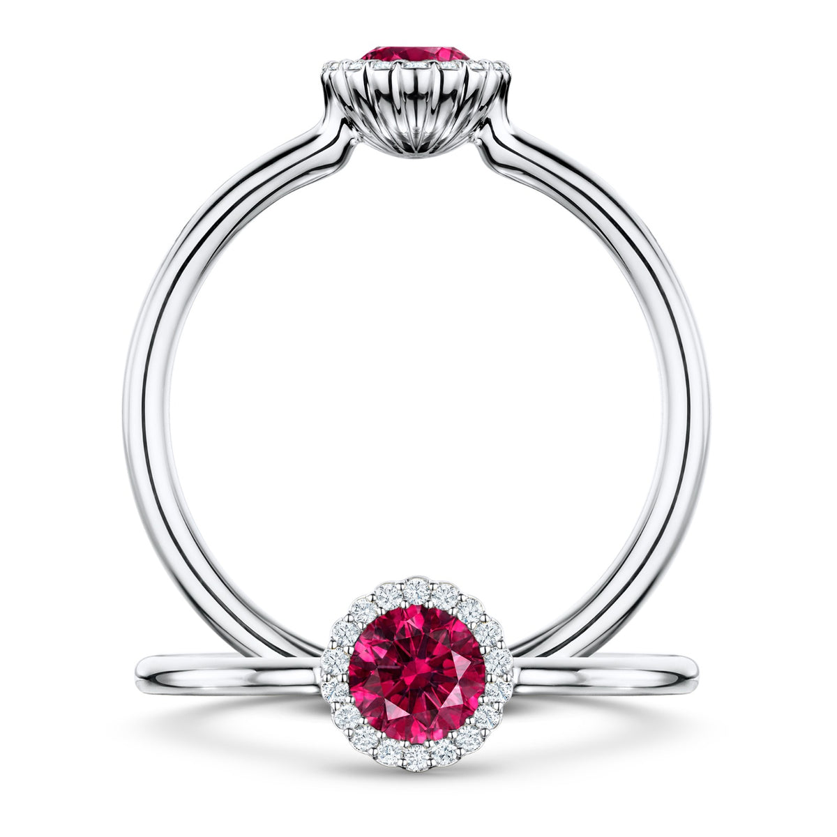 Grenadine Rubellite Ring with white Diamond halo in Platinum, front and side views