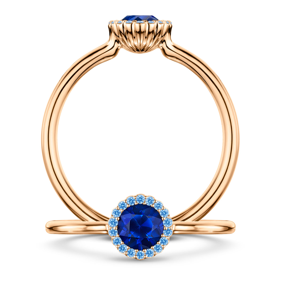 Minuit Rich Blue Sapphire Ring with Blue Sapphire halo in 18ct Rose Gold, front and side views