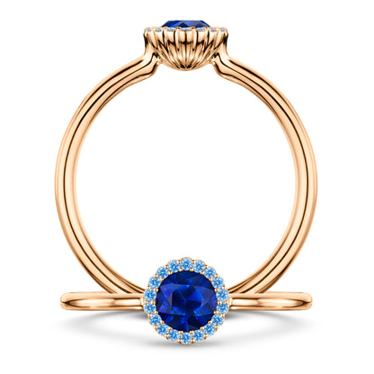 Minuit Rich Blue Sapphire Ring with Blue Sapphire halo in 18ct Rose Gold, front and side views