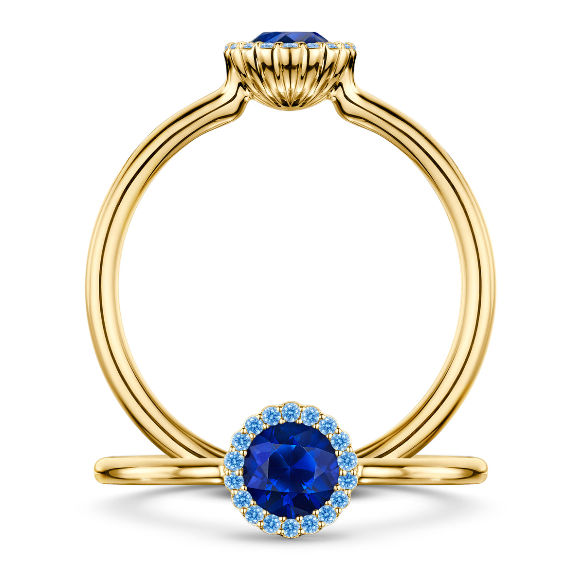 Minuit Rich Blue Sapphire Ring with Blue Sapphire halo in 18ct Yellow Gold, front and side views