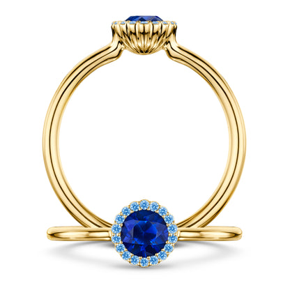 Minuit Rich Blue Sapphire Ring with Blue Sapphire halo in 18ct Yellow Gold, front and side views