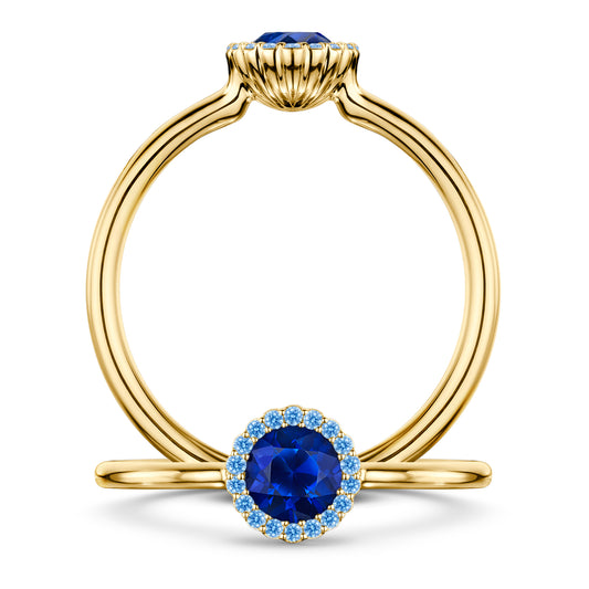Minuit Rich Blue Sapphire Ring with Blue Sapphire halo in 18ct Yellow Gold, front and side views