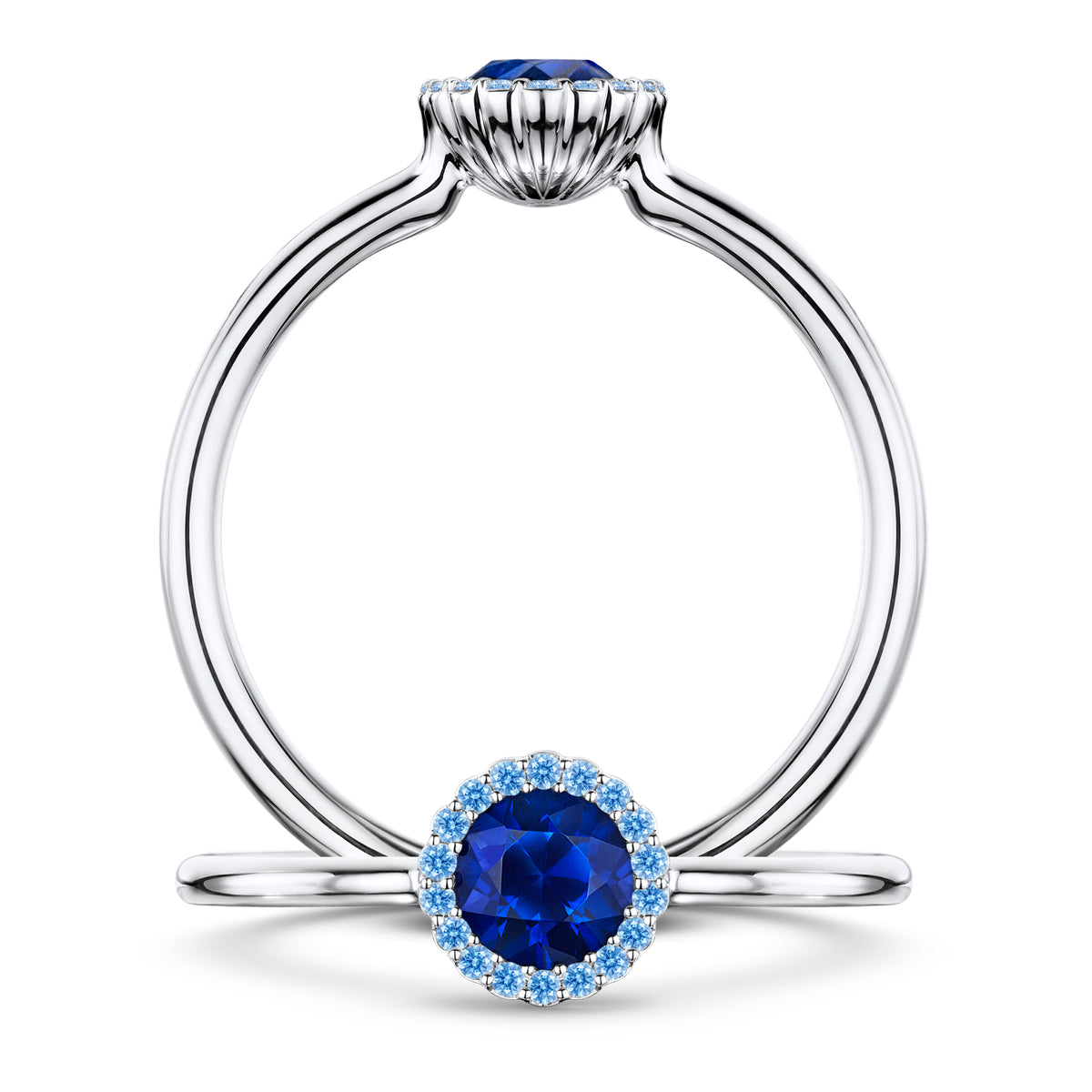 Minuit Rich Blue Sapphire Ring with Blue Sapphire halo in Platinum, front and side views