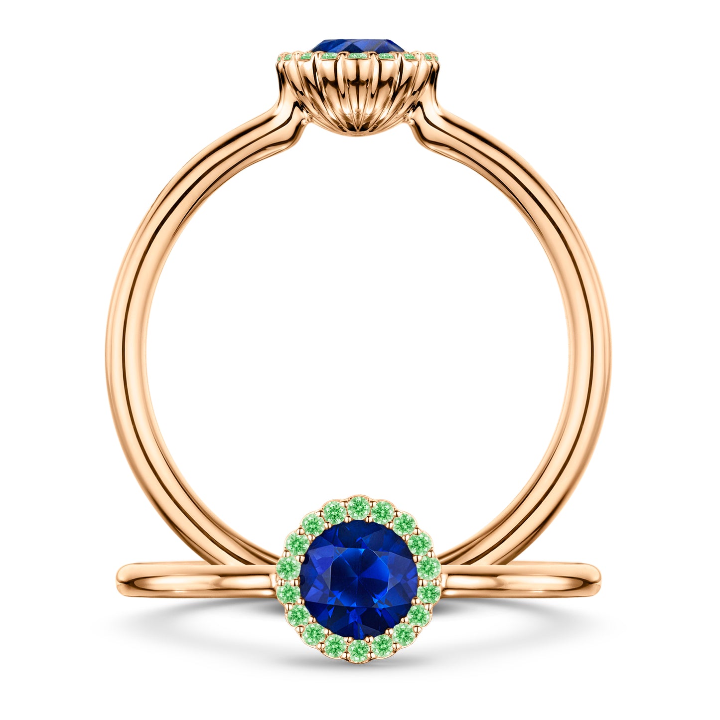Minuit Rich Blue Sapphire Ring with Tsavorite halo in 18ct Rose Gold, front and side views