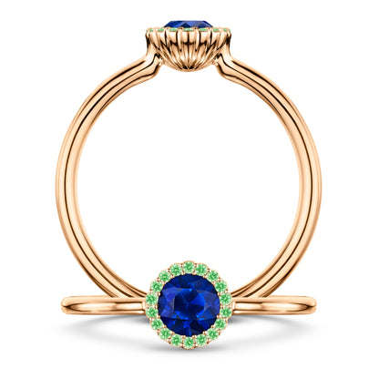 Minuit Rich Blue Sapphire Ring with Tsavorite halo in 18ct Rose Gold, front and side views