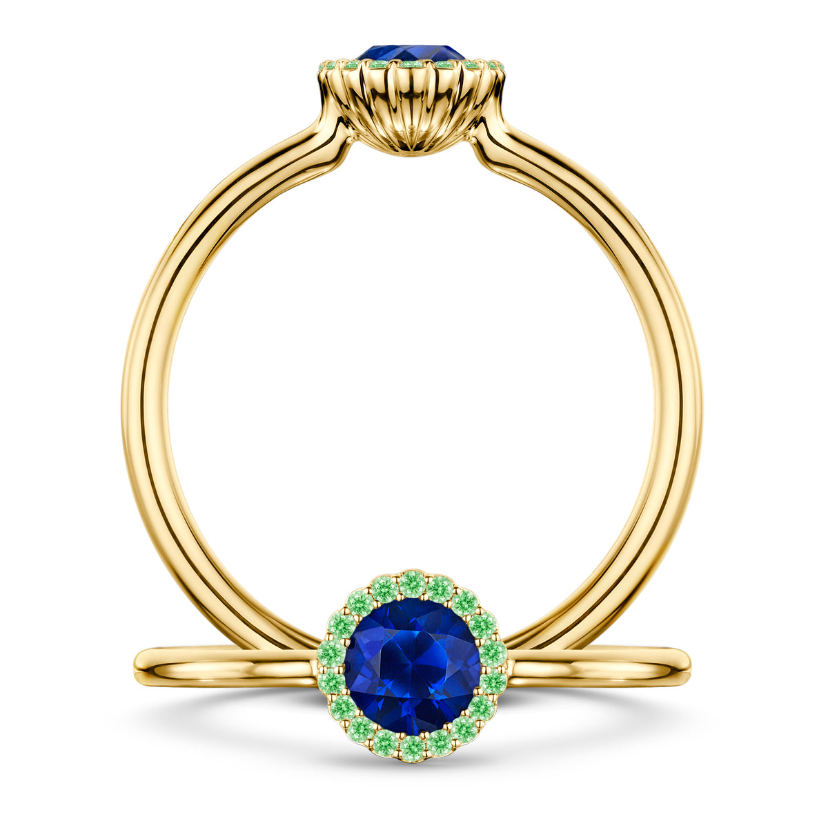 Minuit Rich Blue Sapphire Ring with Tsavorite halo in 18ct Yellow Gold, front and side views