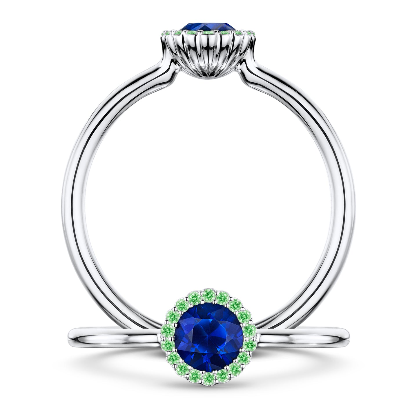 Minuit Rich Blue Sapphire Ring with Tsavorite halo in Platinum, front and side views