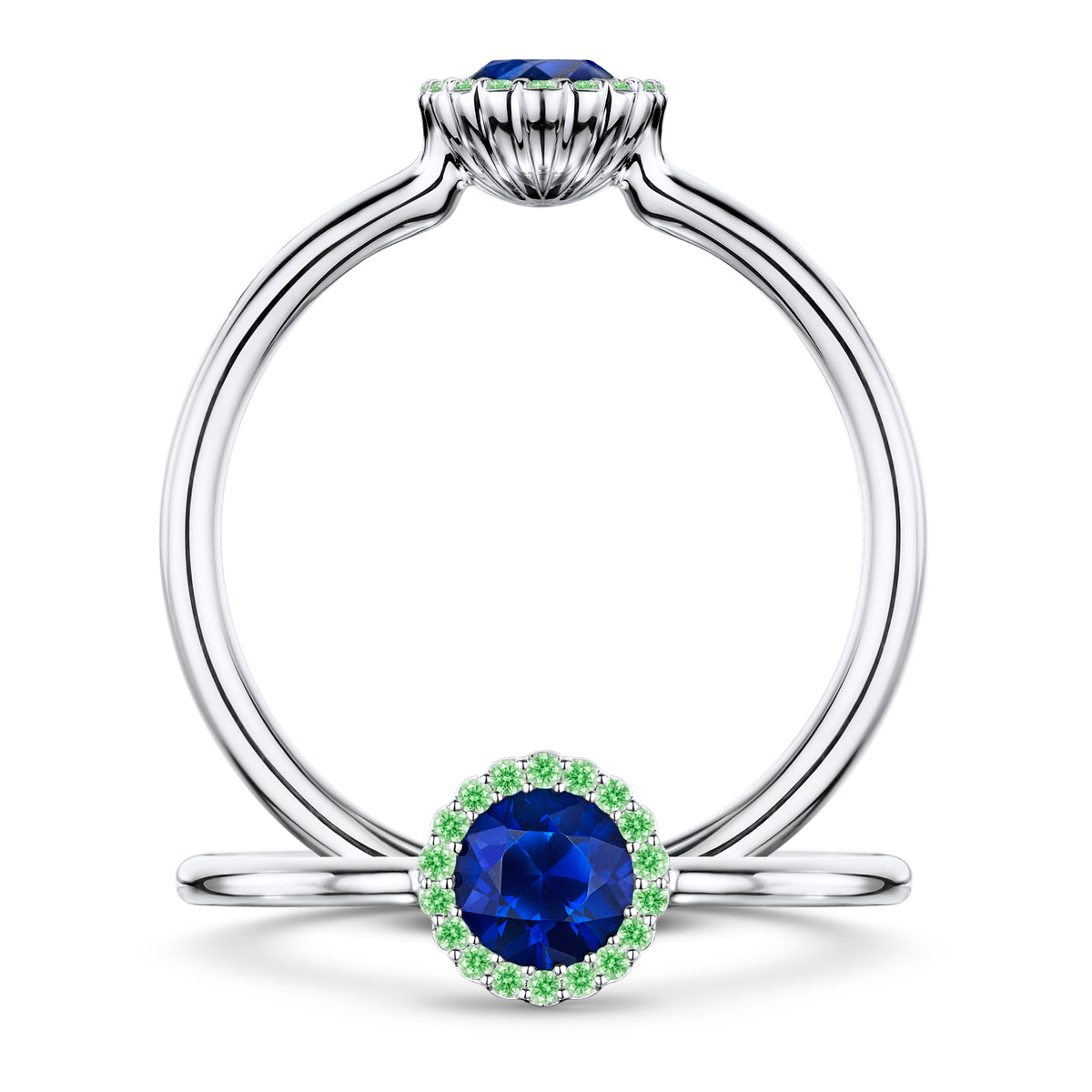 Minuit Rich Blue Sapphire Ring with Tsavorite halo in Platinum, front and side views