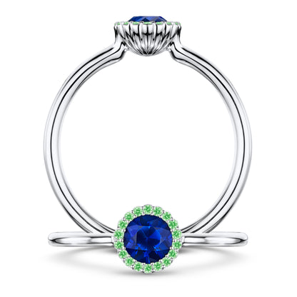 Minuit Rich Blue Sapphire Ring with Tsavorite halo in Platinum, front and side views