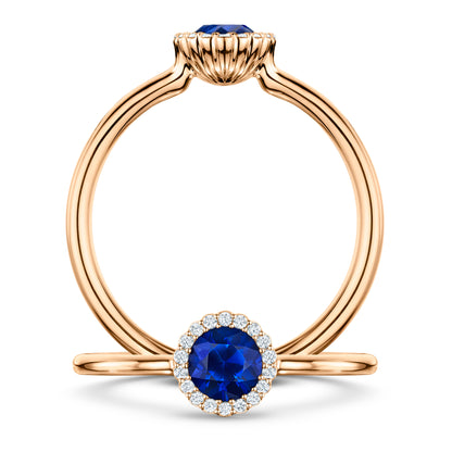 Minuit Rich Blue Sapphire Ring with white Diamond halo in 18ct Rose Gold, front and side views
