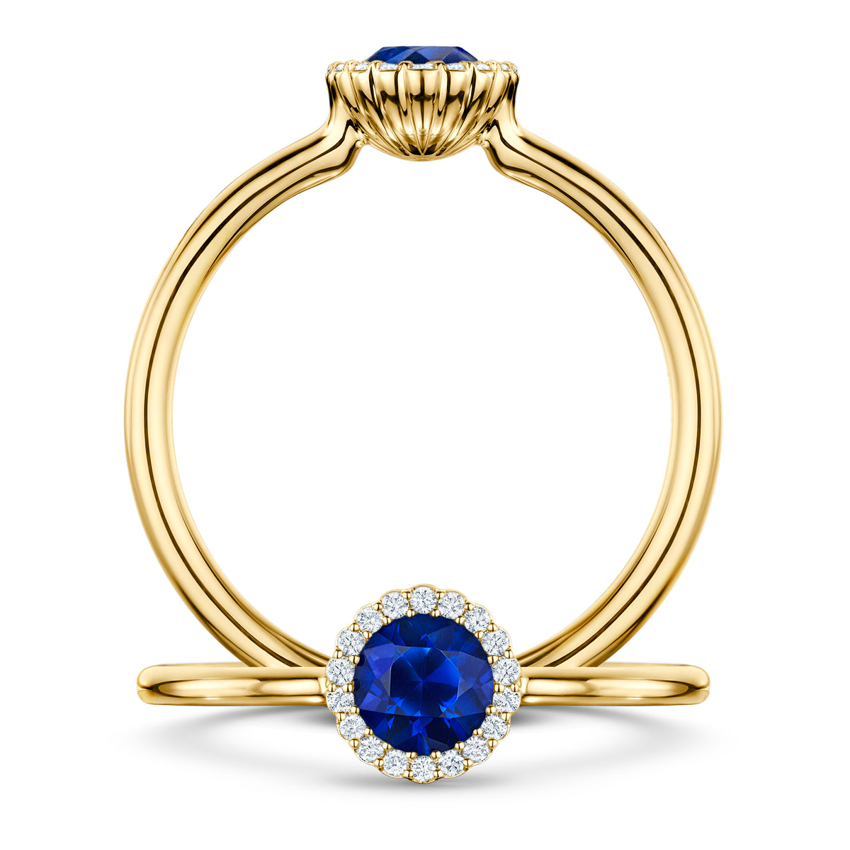 Minuit Rich Blue Sapphire Ring with white Diamond halo in 18ct Yellow Gold, front and side views