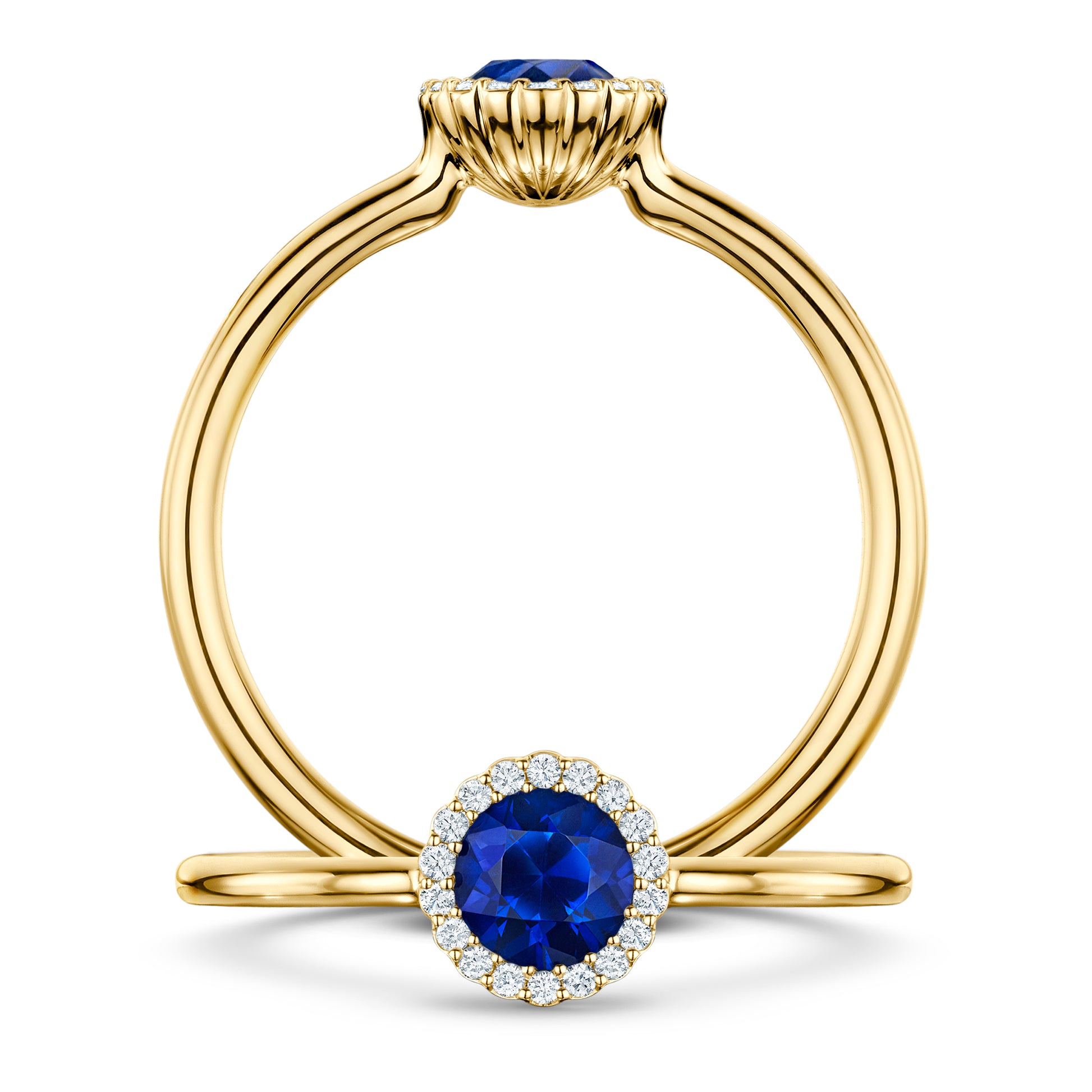 Minuit Rich Blue Sapphire Ring with white Diamond halo in 18ct Yellow Gold, front and side views