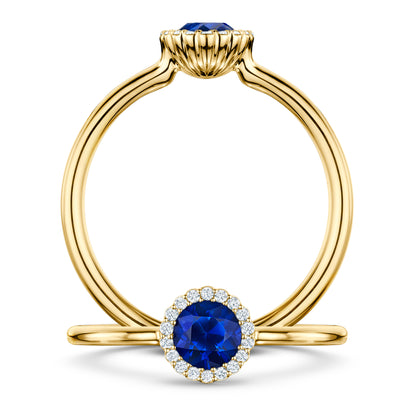 Minuit Rich Blue Sapphire Ring with white Diamond halo in 18ct Yellow Gold, front and side views