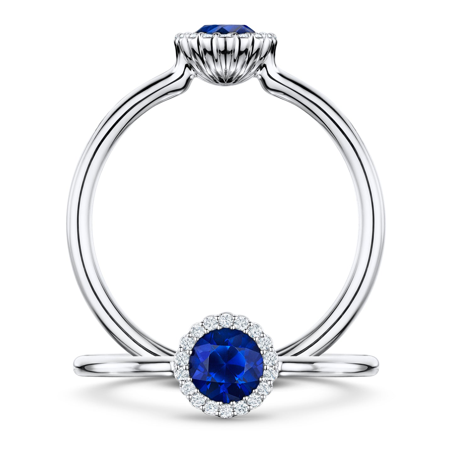 Minuit Rich Blue Sapphire Ring with white Diamond halo in Platinum, front and side views