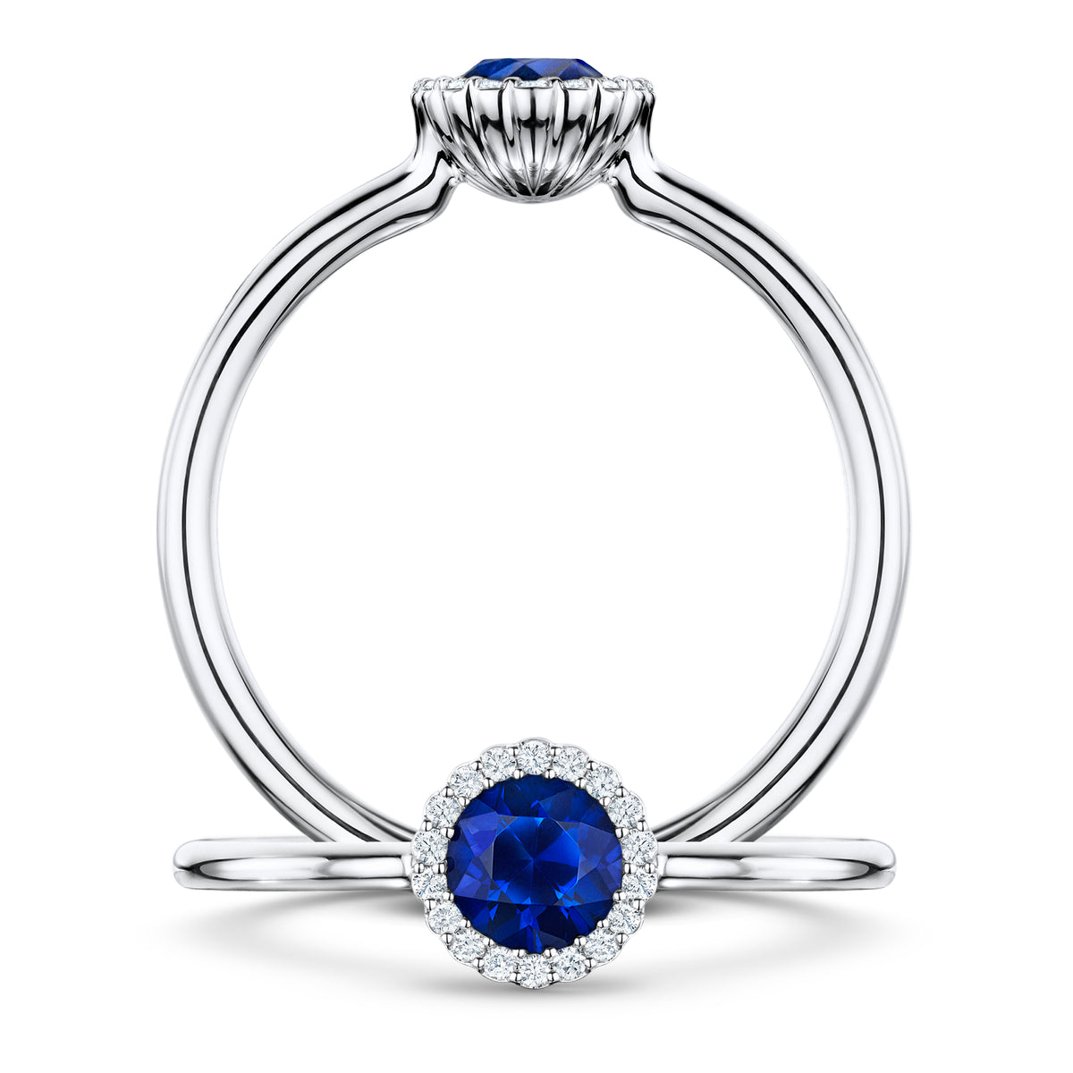 Minuit Rich Blue Sapphire Ring with white Diamond halo in Platinum, front and side views