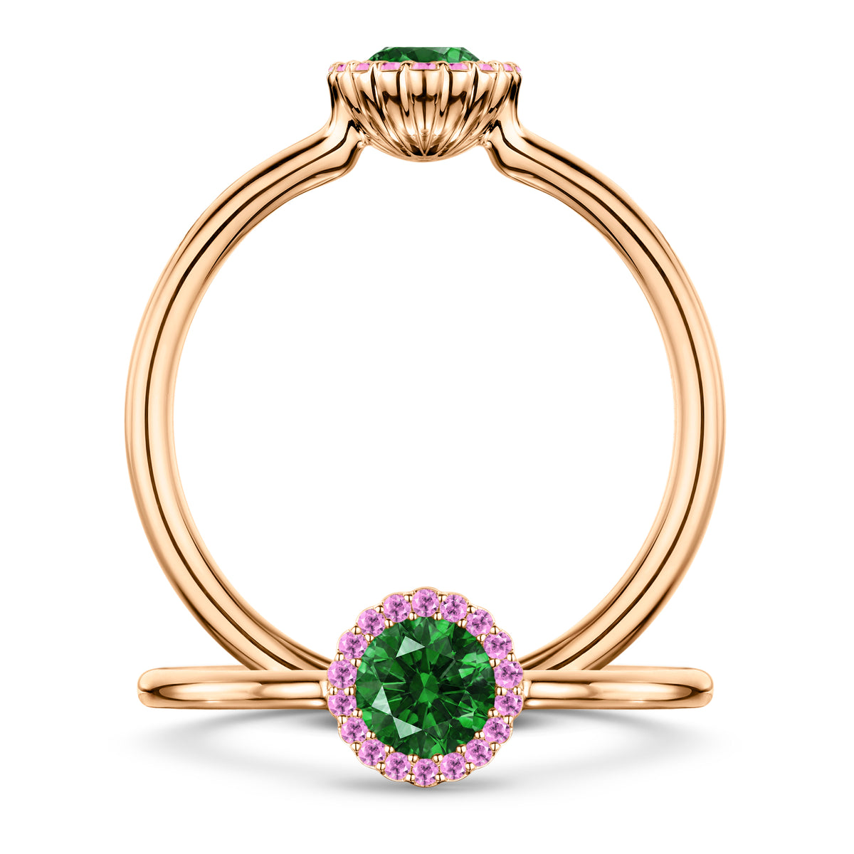 Nymphe Tsavorite Ring with Pink Sapphire halo in 18ct Rose Gold, front and side views